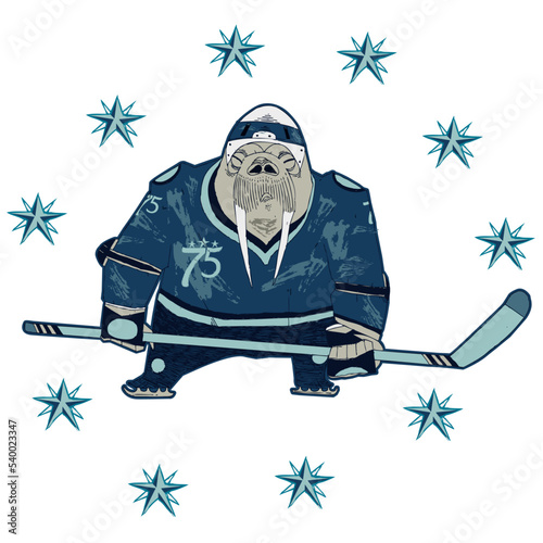 Walrus mascot of a hockey team. Walrus hockey player in the middle of a circle made of stars. Animal sport illustration concept.