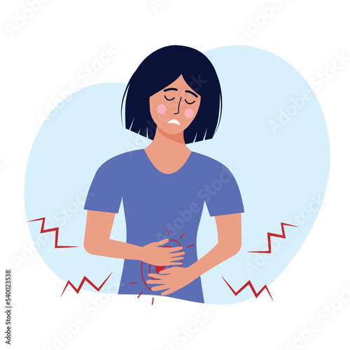 Woman with stomach pain. Female character suffers from abdominal pain. Concept of poisoning, period pain, appendicitis, gastritis, digestive system problem and unhealthy lifestyle.