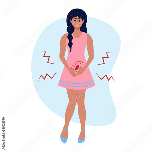 Sad woman holding her hands in the lower abdomen. Female character suffers from bladder disease, cystitis, urethritis, pain during menstruation, incontinence or other problems of the urethra.