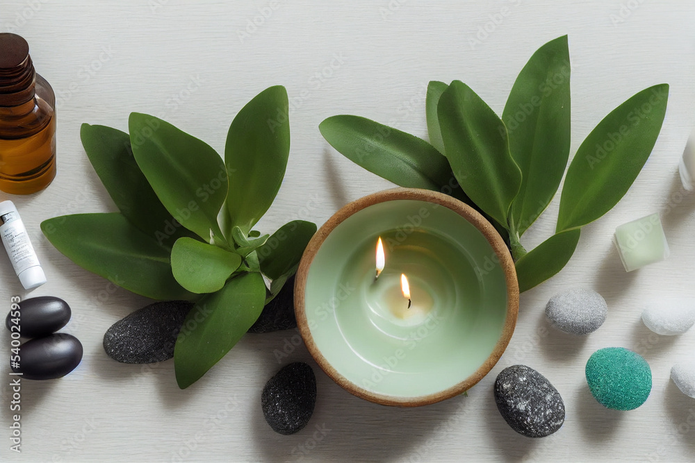 Beauty treatment items for spa procedures on white wooden table with green plant. massage stones, essential oils and sea salt with burning candle. 3d illustration Beauty treatment items for spa procedures on white wooden table with green plant. massage stones, essential oils and sea salt with burning candle. 3d illustration