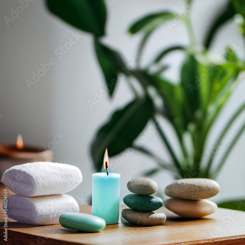 Beauty treatment items for spa procedures on white wooden table with green plant. massage stones, essential oils and sea salt with burning candle. 3d illustration