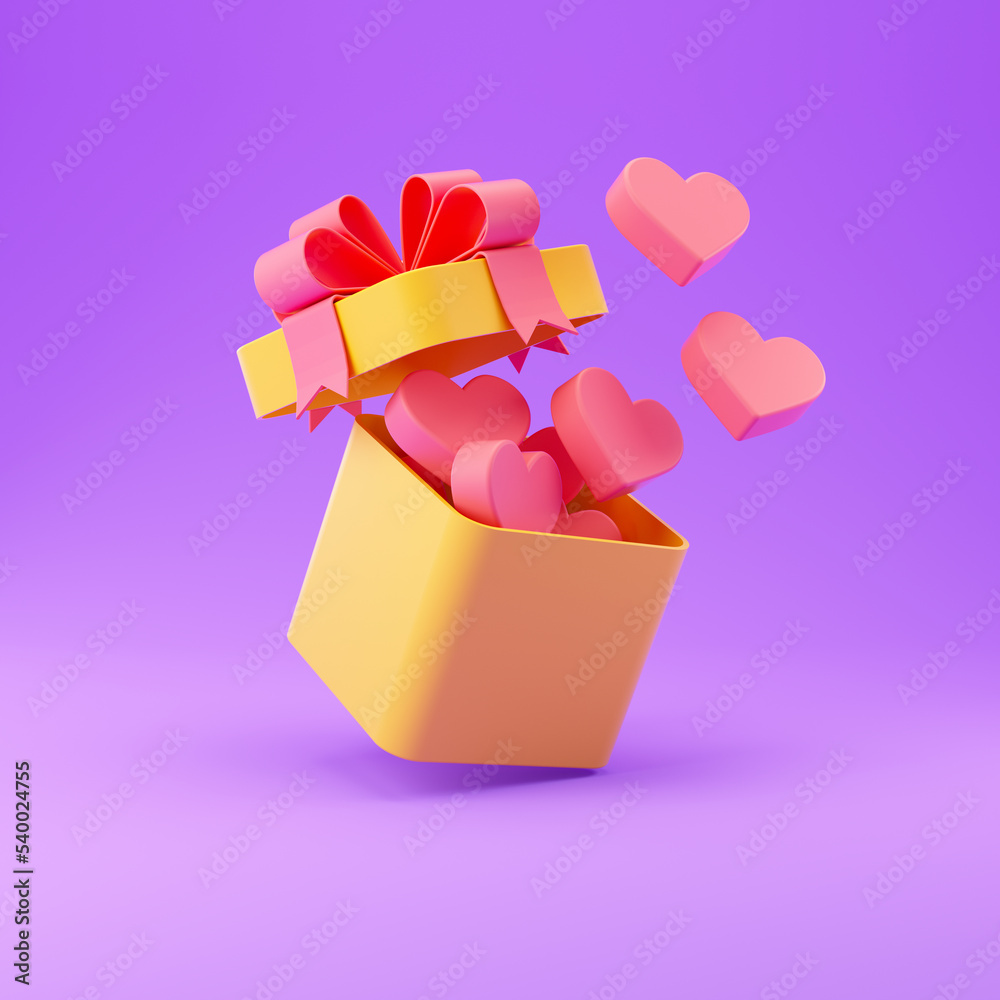 Gift Box with hearts. Valentine's Day holiday background. Colorful 3d rendering illustration. Gift Box with hearts. Valentine's Day holiday background. Colorful 3d rendering illustration.