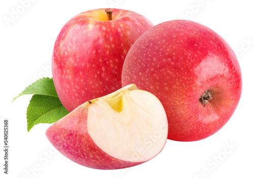 Two whole pink apples and a slice cut out
