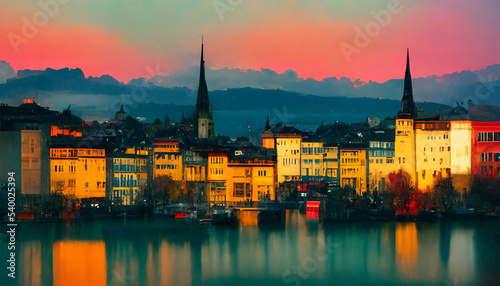 Zurich evening cityscape beautiful sunset artwork