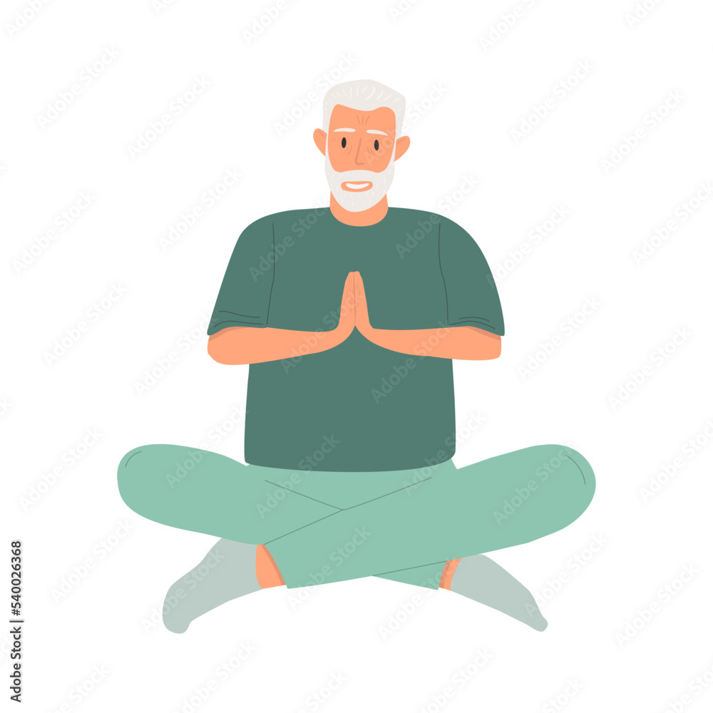 Flat vector cartoon illustration of an elderly man sitting in the lotus position. The concept of a healthy lifestyle of life and yoga in old age. Isolated design on a white background.