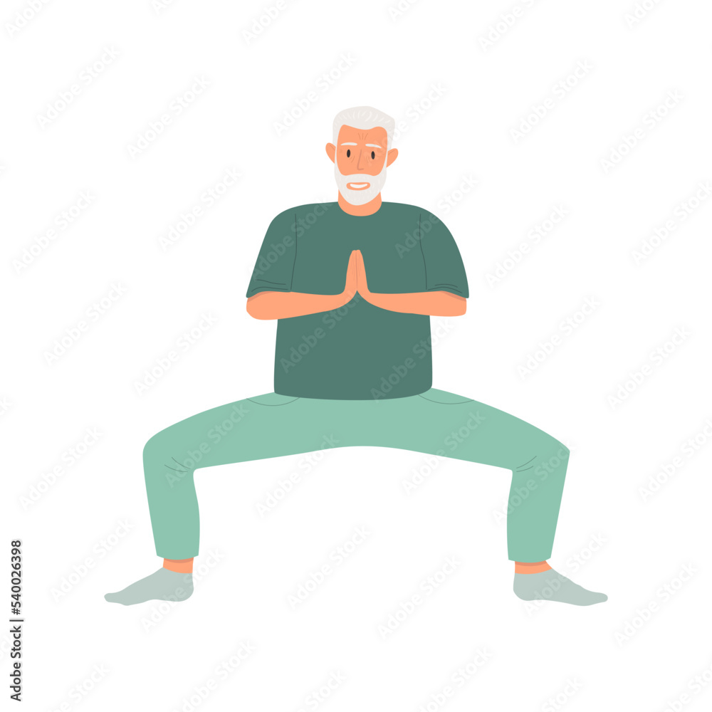 Vector illustration of an elderly man doing yoga. The concept of a healthy lifestyle, sports and meditation in old age.
