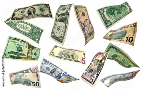 Dollar bills of various denominations in free flight, flying money