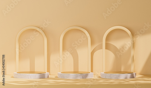 3d background products display podium scene. background 3d rendering with podium. stand to show cosmetic products. Stage showcase on pedestal display beige studio. 3d rendering illustration