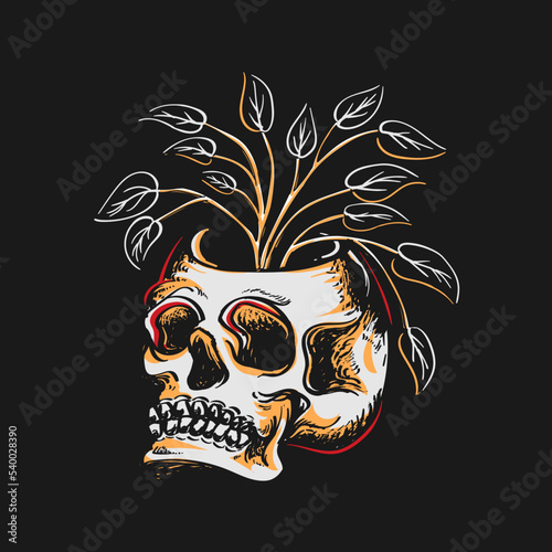 Skull with Plant Illustration — Surreal Botanical Skull
