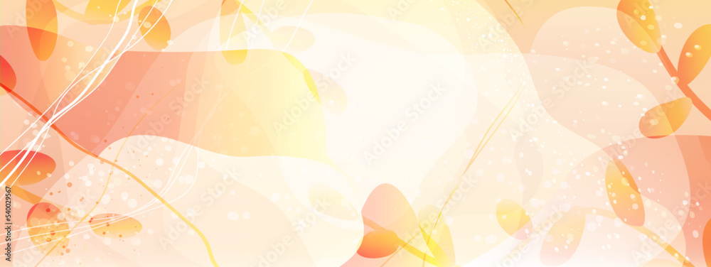 Orange pink yellow floral abstract background. Tropical leaves and natural landscape at sunrise. Summer modern templates for placing text, promotions, advertising, promotions. 