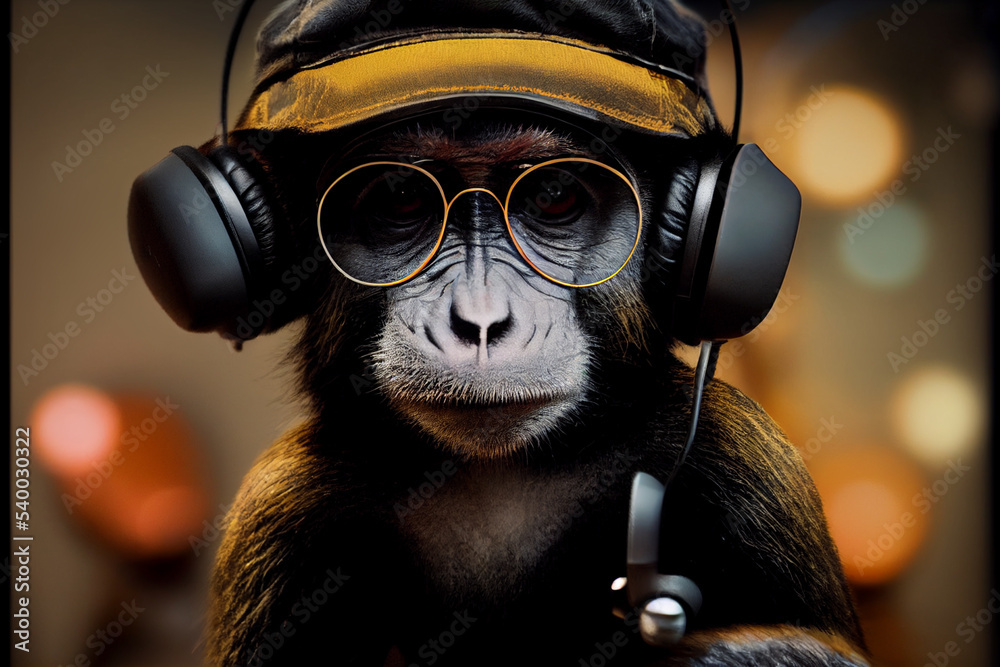 Monkey in a cap with glasses and headphones 8k Stock Illustration | Adobe  Stock