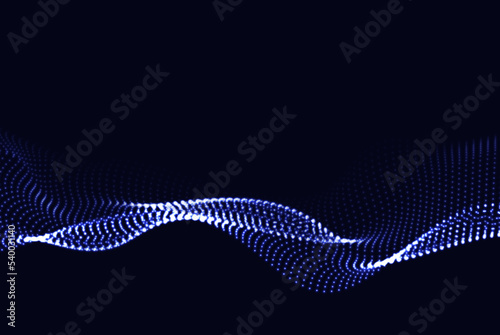 Wave of dynamic particles flows through the darkness. Dotted curves vector abstract background. A beautiful 3D undulating array of shining mixed dots.
