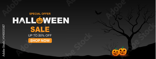 Halloween Sale Promotion banner or template with Halloween bat, tree, group of Jack O Lantern pumpkin elements. Halloween web sale design, sale message black background. Vector illustration