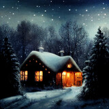 Christmas night fantasy: small cottage in the wood with warm lights inside, roof covered by snow, white  landscape and starry night made with generative AI