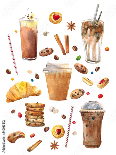 Still life with a coffee pot. A set of watercolor illustrations. Coffee drinks, desserts and dishes. dessert spices. 
