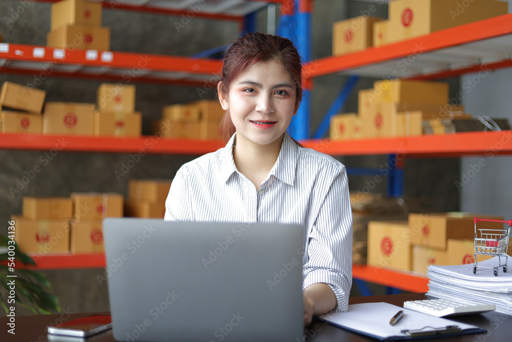 Fototapeta premium Small warehouse worker working with a laptop is checking the inventory. Entrepreneurs start-up e-commerce businesses working in the office.