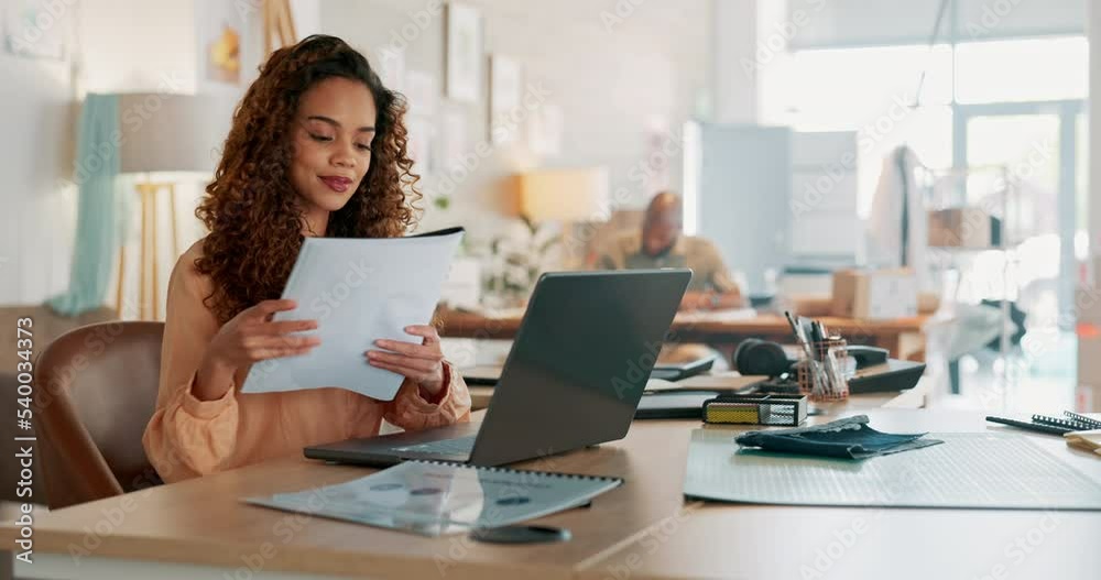 Startup black woman, laptop or documents for research, data analysis or planning creative marketing strategy for KPI growth. Tech, networking or website search for SEO analytics or corporate report