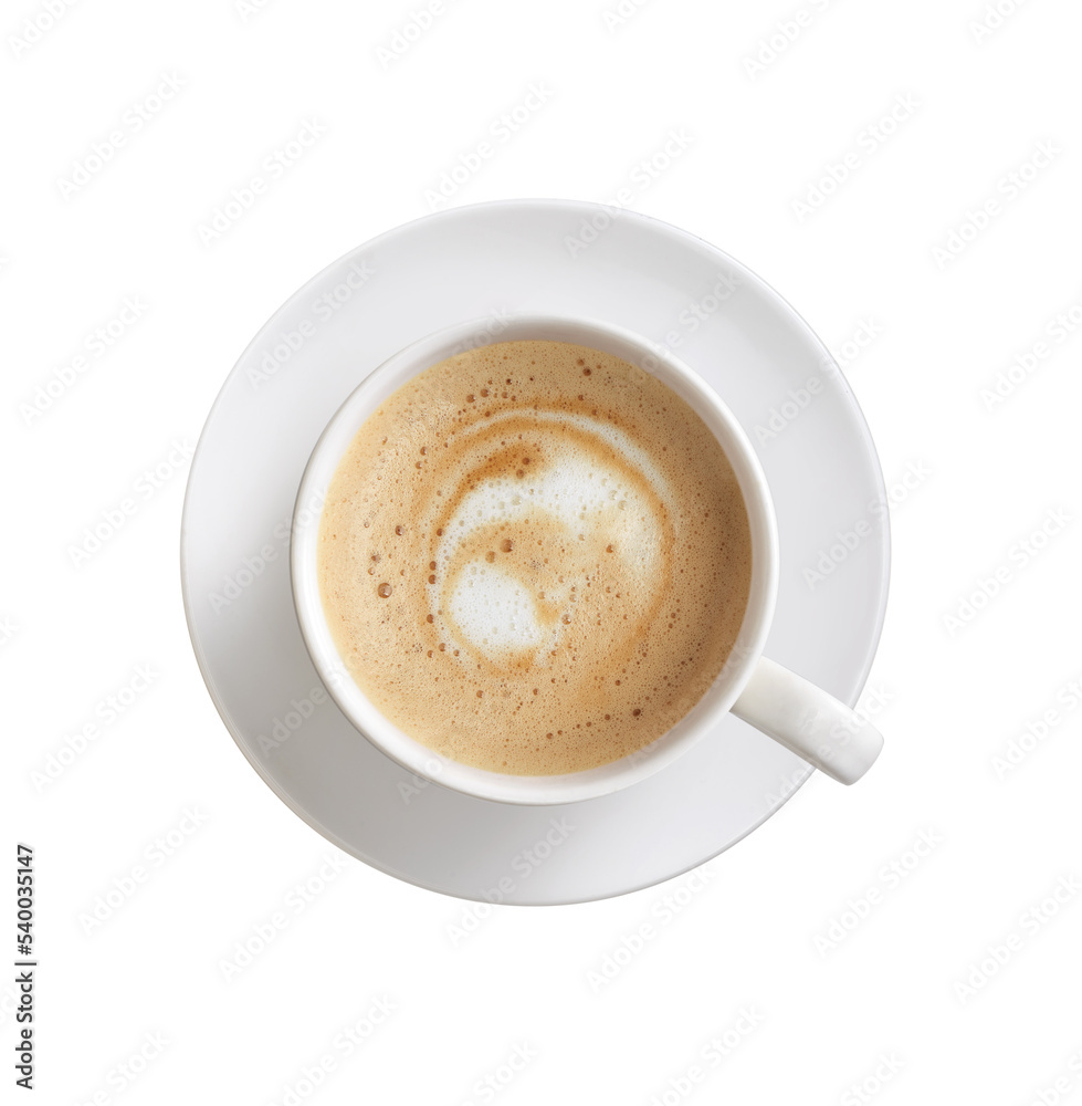 Top view of cappuccino coffee with white color cup isolated on white background Top view of cappuccino coffee with white color cup isolated on white background