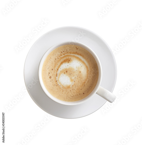 Top view of cappuccino coffee with white color cup isolated on white background