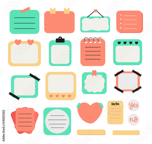 Hand drawn sticky note and notepad page. Collection of sticky note illustrations.