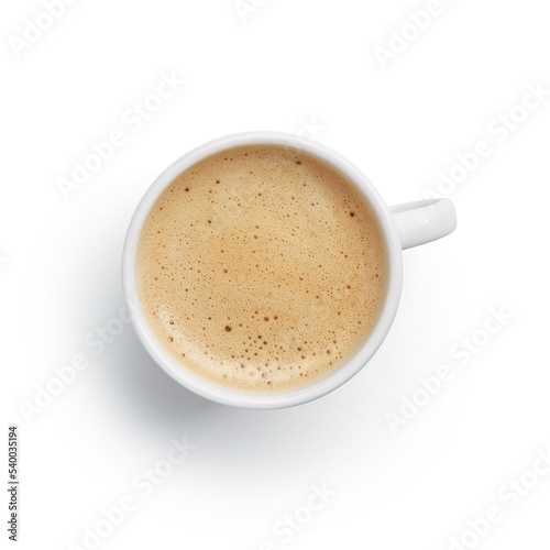 Top view of cappuccino coffee with round shape cup isolated on white background
