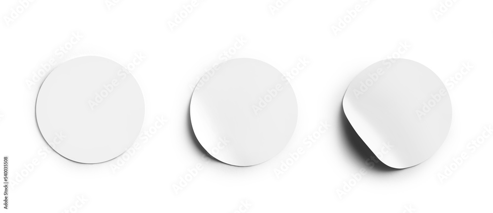 Circle adhesive stickers. White tags, paper round stickers with peeling corner isolated on white background - obrazy, fototapety, plakaty 