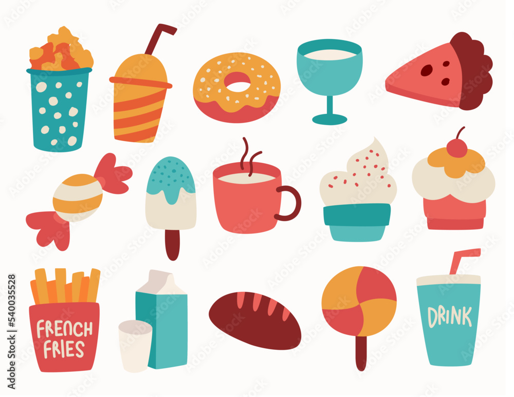 Set of food and drink illustration vector. Collection of food and drink. Set of food and drink illustration vector. Collection of food and drink.