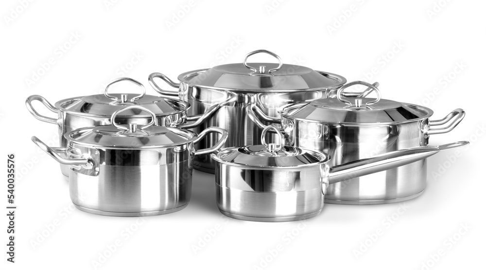 Set of Cooking silver pans isolated on white background - obrazy, fototapety, plakaty 