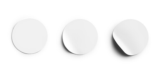 Circle adhesive stickers. White tags, paper round stickers with peeling corner isolated on white background