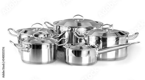 Canvas Print Set of Cooking silver pans isolated on white background
