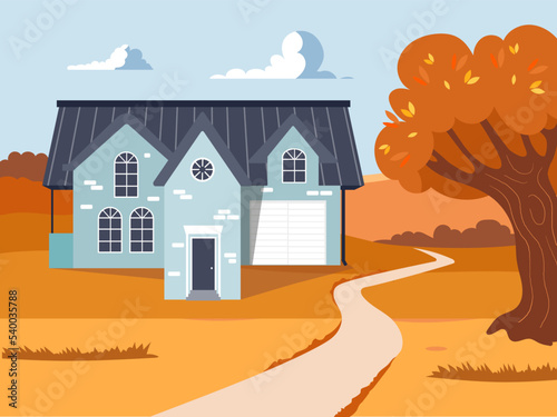 Beautiful house against the backdrop of an autumn landscape. Vector illustration.