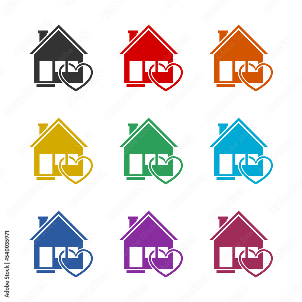 Fototapeta premium House with heart shape icon isolated on white background. Set icons colorful