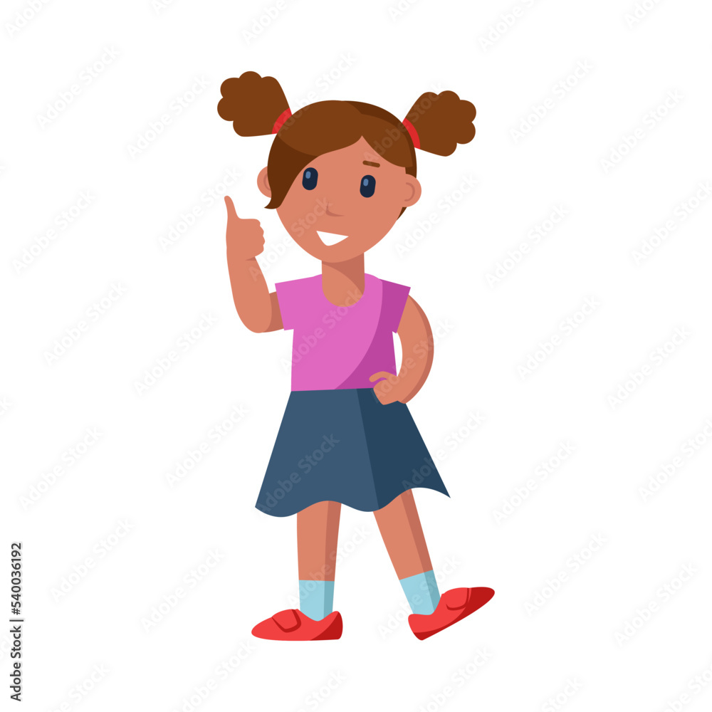 Cute little girl with thumb up cartoon vector illustration. Confident kid character standing with hand on waist. Success, pride concept Cute little girl with thumb up cartoon vector illustration. Confident kid character standing with hand on waist. Success, pride concept