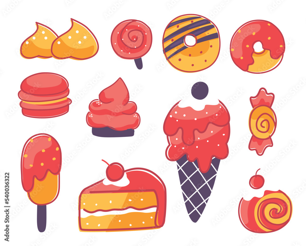 Fototapeta premium Set of sweet dessert vector. Different of delicious cake for dessert.