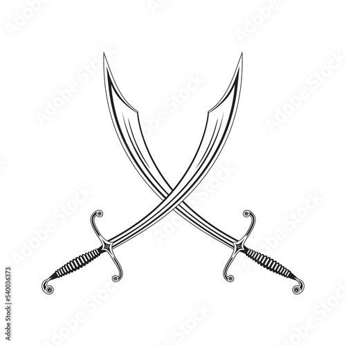 Arabic or Turkish two sabres of medieval warriors in monochrome crossed like a vdueli in a vector on a white isolated background