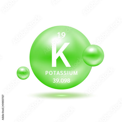 Potassium molecule models green and chemical formulas scientific element. Natural gas. Ecology and biochemistry concept. Isolated spheres on white background. 3D Vector Illustration.