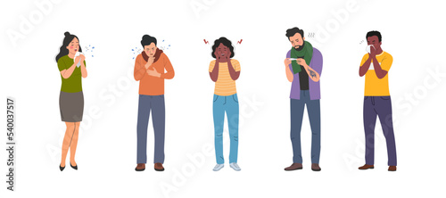 Different young ill women and men isolated. People stand full body. Flat style cartoon vector illustration.