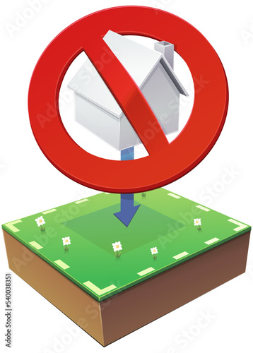 3D white detached house with red circular construction prohibition symbol on land with grass and flowers (cut out)