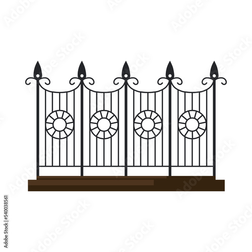 Vintage iron balcony railing or fence vector illustration. Old-fashioned wrought iron handrail or fence for stairs or terrace isolated on white background. Architecture, decoration concept