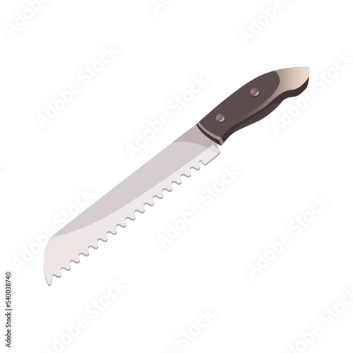 Serrated knife for cutting bread vector cartoon illustration. Sharp kitchen knife for pastry isolated on white background. Kitchen utensils concept