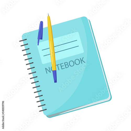 Notebook with blue cover and pen vector illustration. School supplies, cartoon drawing of notepad or copybook and writing tool isolated on white background. Back to school, education concept