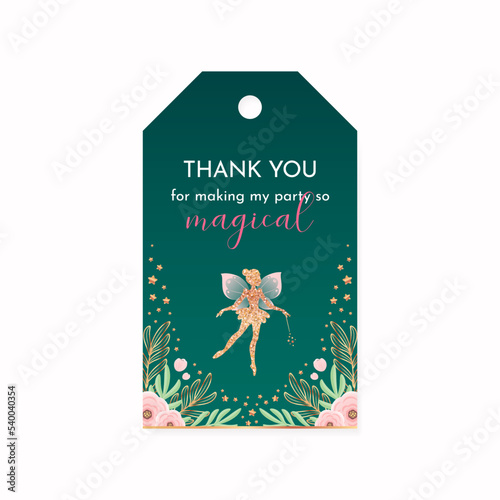 Birthday Thank you tag. Beautiful party favor card background with gold sparkling fairy silhouette and flowers. Vector 10 EPS.