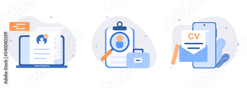 Hiring employment illustration set. Online job interview, HR managers searching potential job candidates and analyzing CV, applying for work position, job recruitment process. Vector illustration.