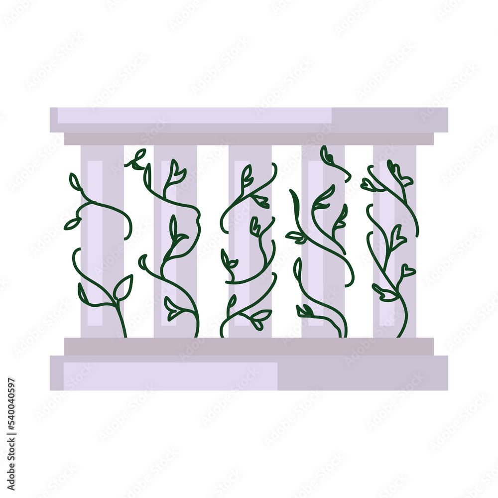 Marble balcony railing with vines or ivy vector illustration. Vintage handrail or fence with plants for stairs or terrace isolated on white background. Architecture, decoration concept Marble balcony railing with vines or ivy vector illustration. Vintage handrail or fence with plants for stairs or terrace isolated on white background. Architecture, decoration concept