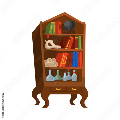 Wizard cupboard with books and skull vector illustration. Cute objects for wizard school. Magic, fairy tale, Halloween concept
