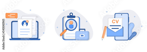 Hiring employment illustration set. Online job interview, HR managers searching potential job candidates and analyzing CV, applying for work position, job recruitment process. 3d vector illustration. 