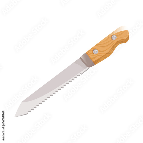 Kitchen knife for bread vector cartoon illustration. Serrated chefs knife for cutting bread with wooden handle isolated on white background. Kitchen utensils concept