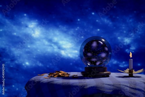 Crystal ball on a table with stars in background. 3D Illustration