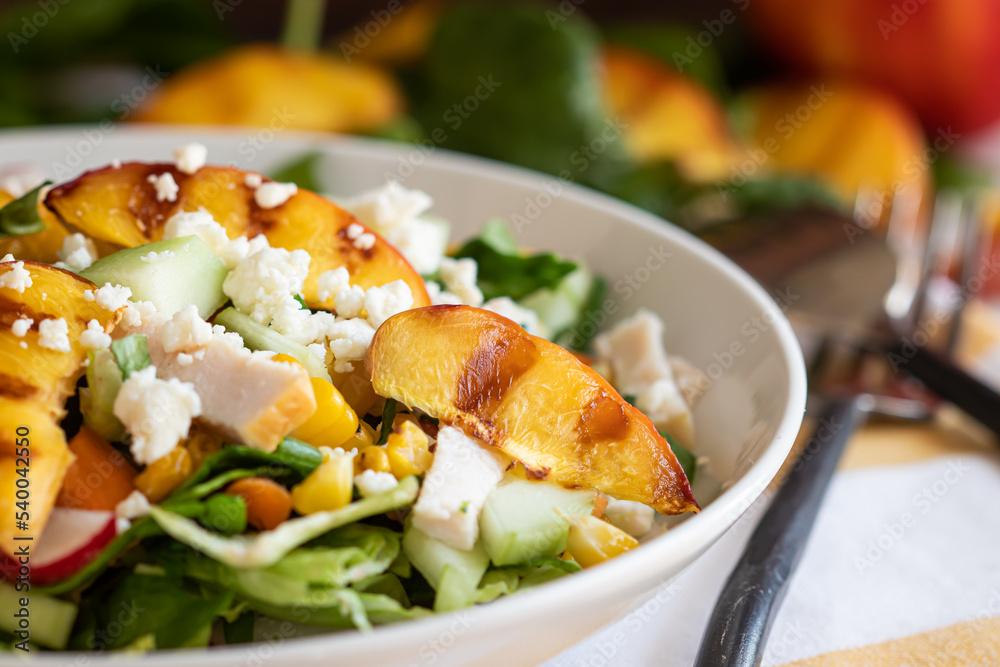 Grilled nectarine salad, fresh ingredients, feta crumbles, grill marks, diced turkey, close up