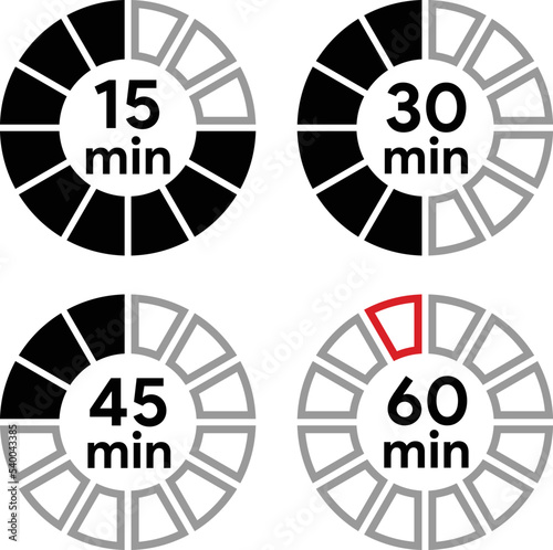 Timer icons set, four timer indicators from 15 to 60 minutes, each separate